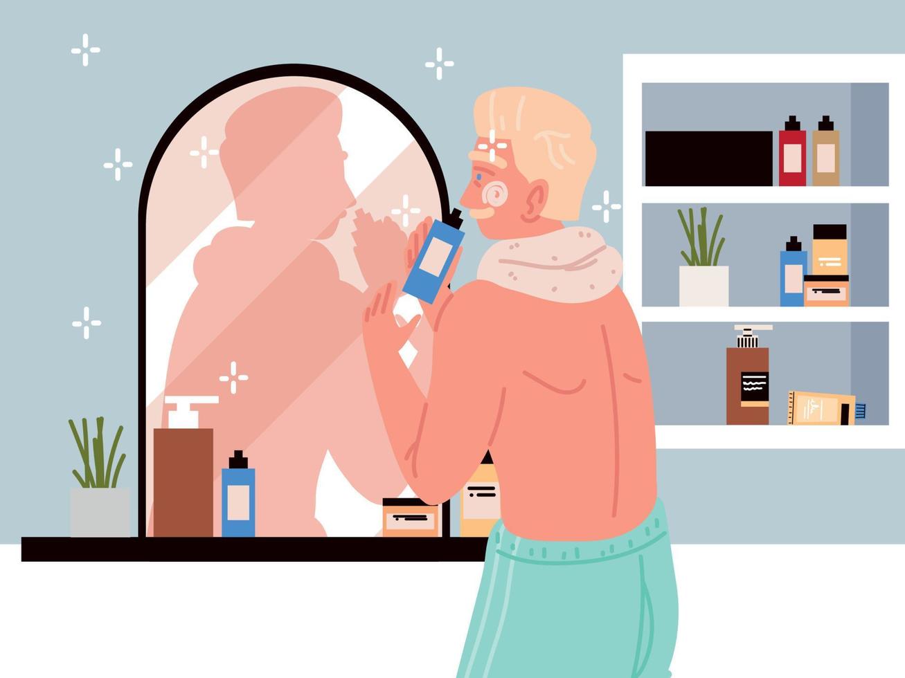 man applying face cream in bathroom vector