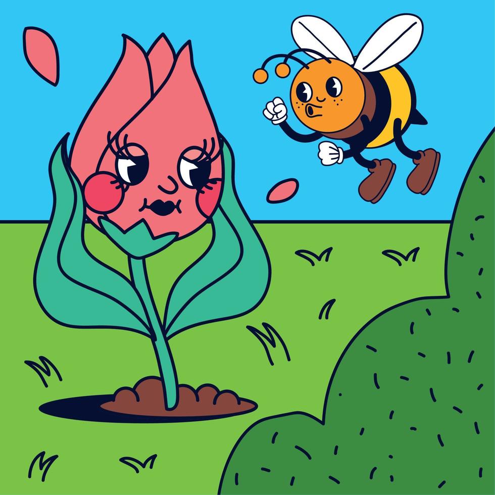 cartoon flower and bee vector