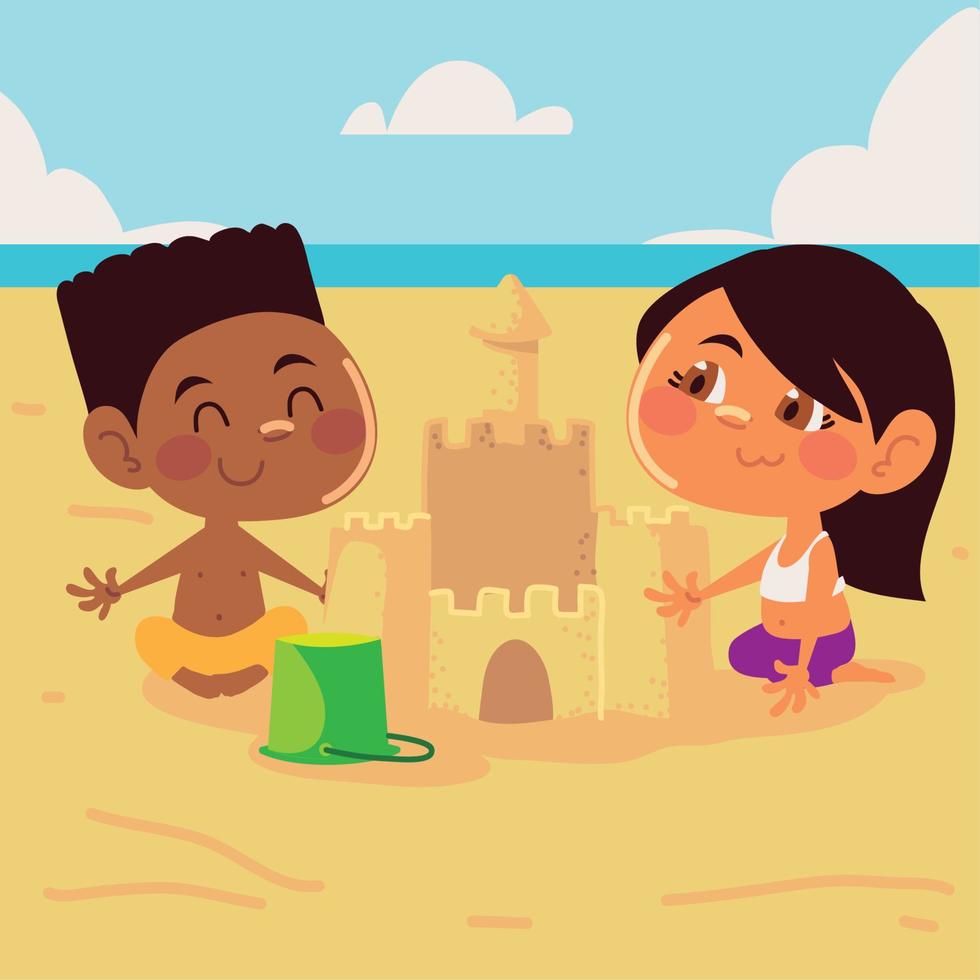 kids making a sandcastle vector