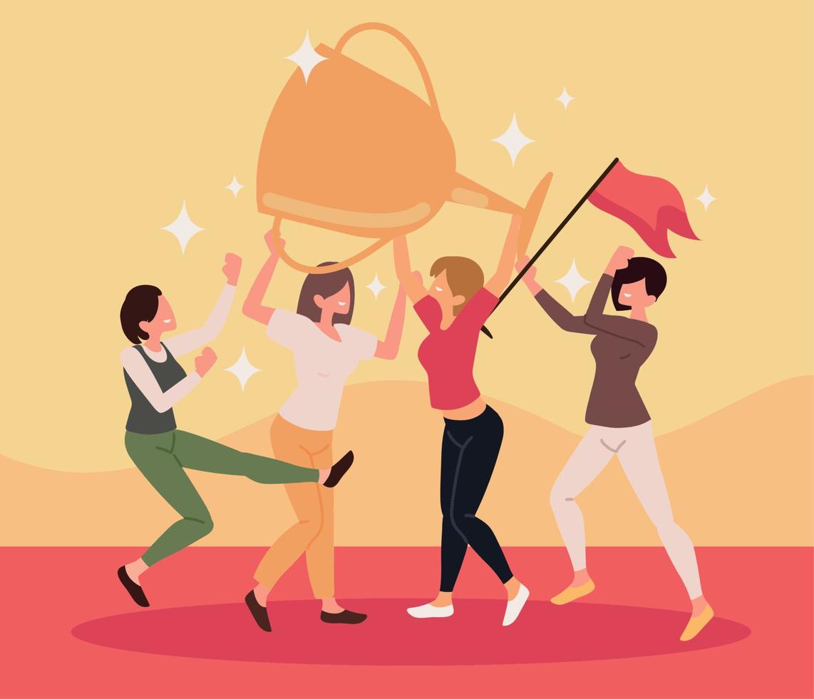 women with trophy and flag vector