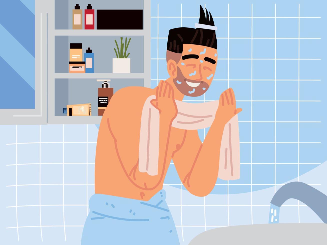 hombre limpiando la cara en el baño vector