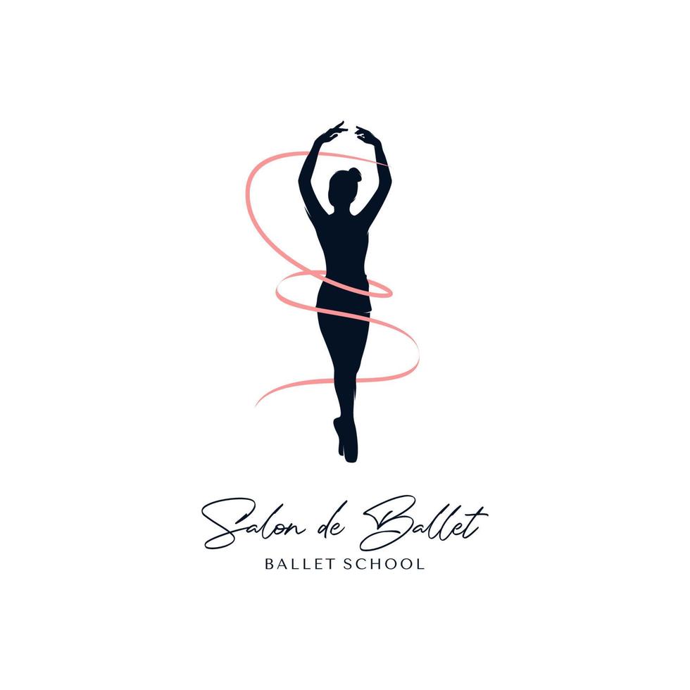 Ballet dancer silhouette with ribbons logo design template vector