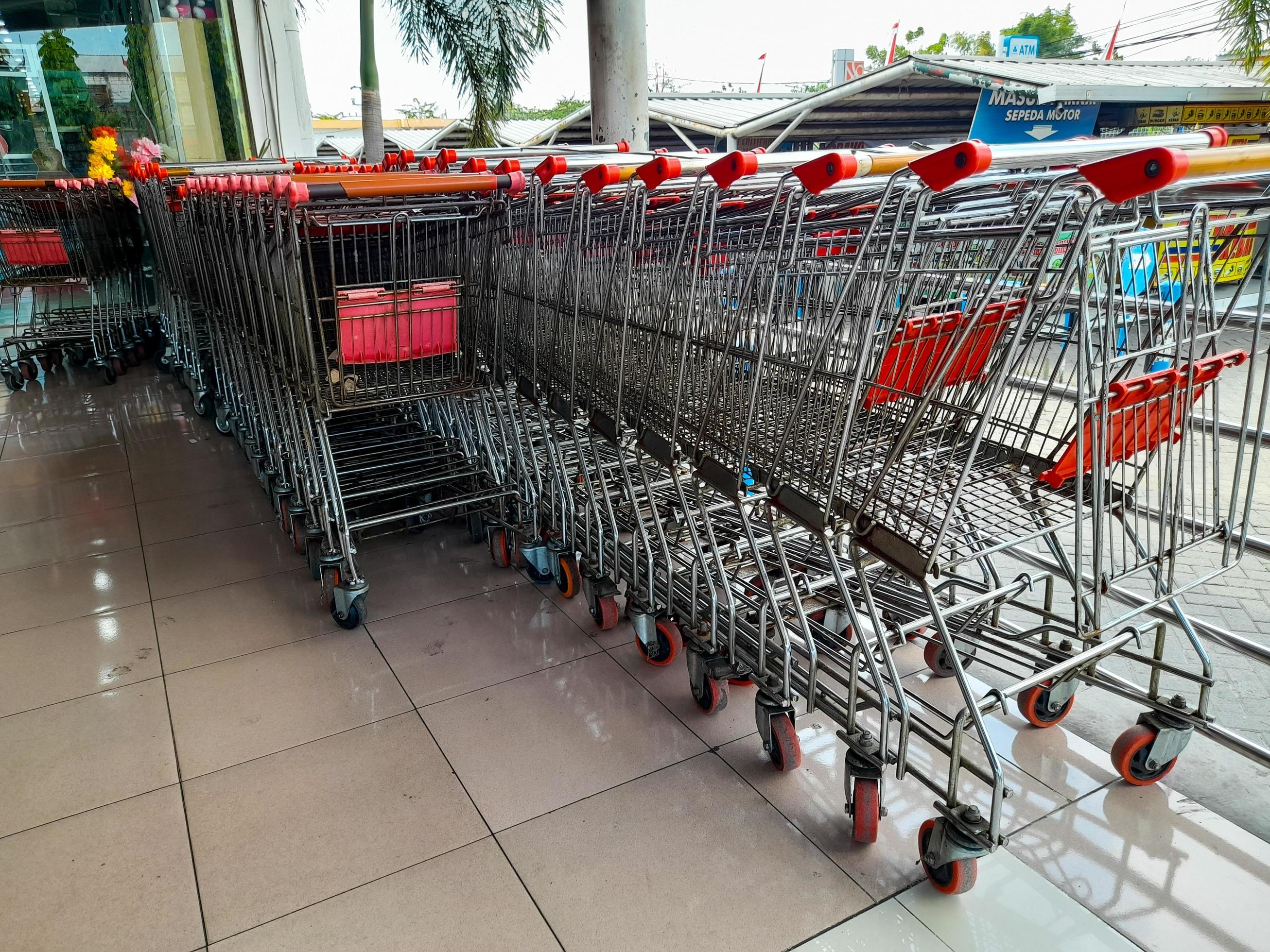 Jombang, Indonesia, 2022 Rows of shopping cart trolleys that line up