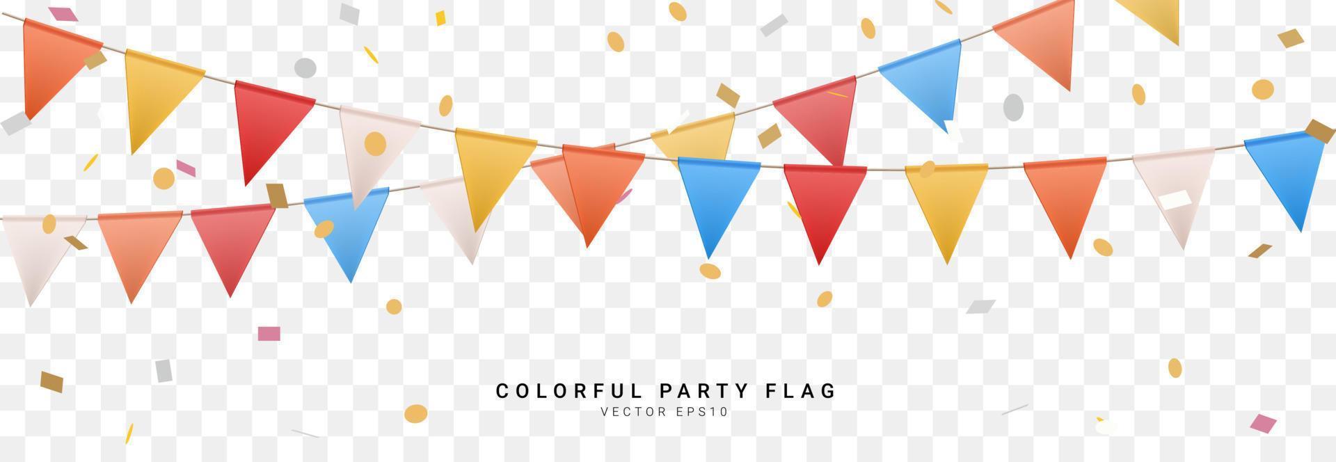 colorful 3D triangle flag party with confetti, decoration element, Vector illustration