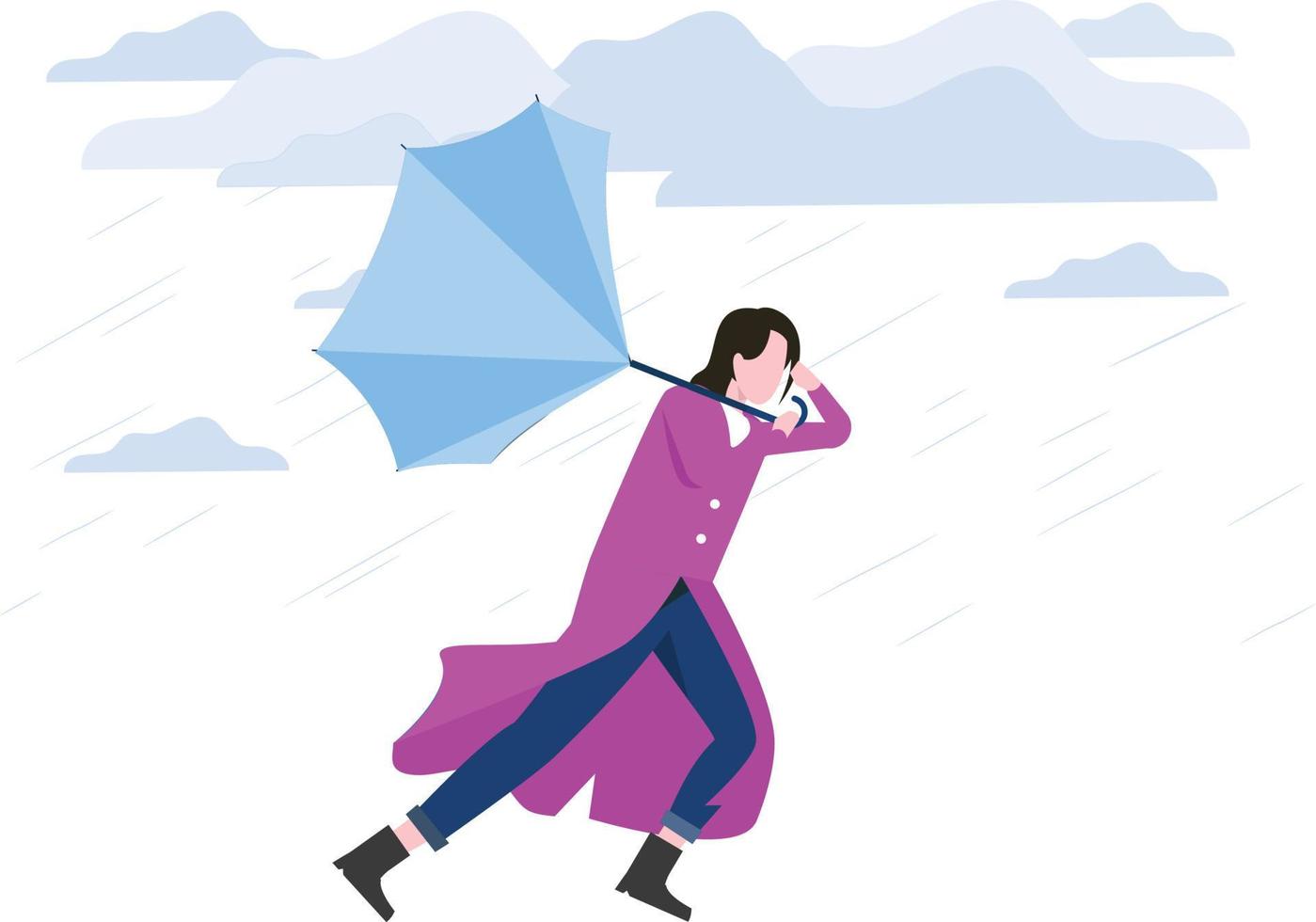 The girl's umbrella is blown away by the storm. vector