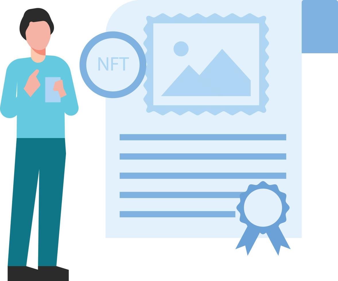 The boy is looking at the NFT file. vector