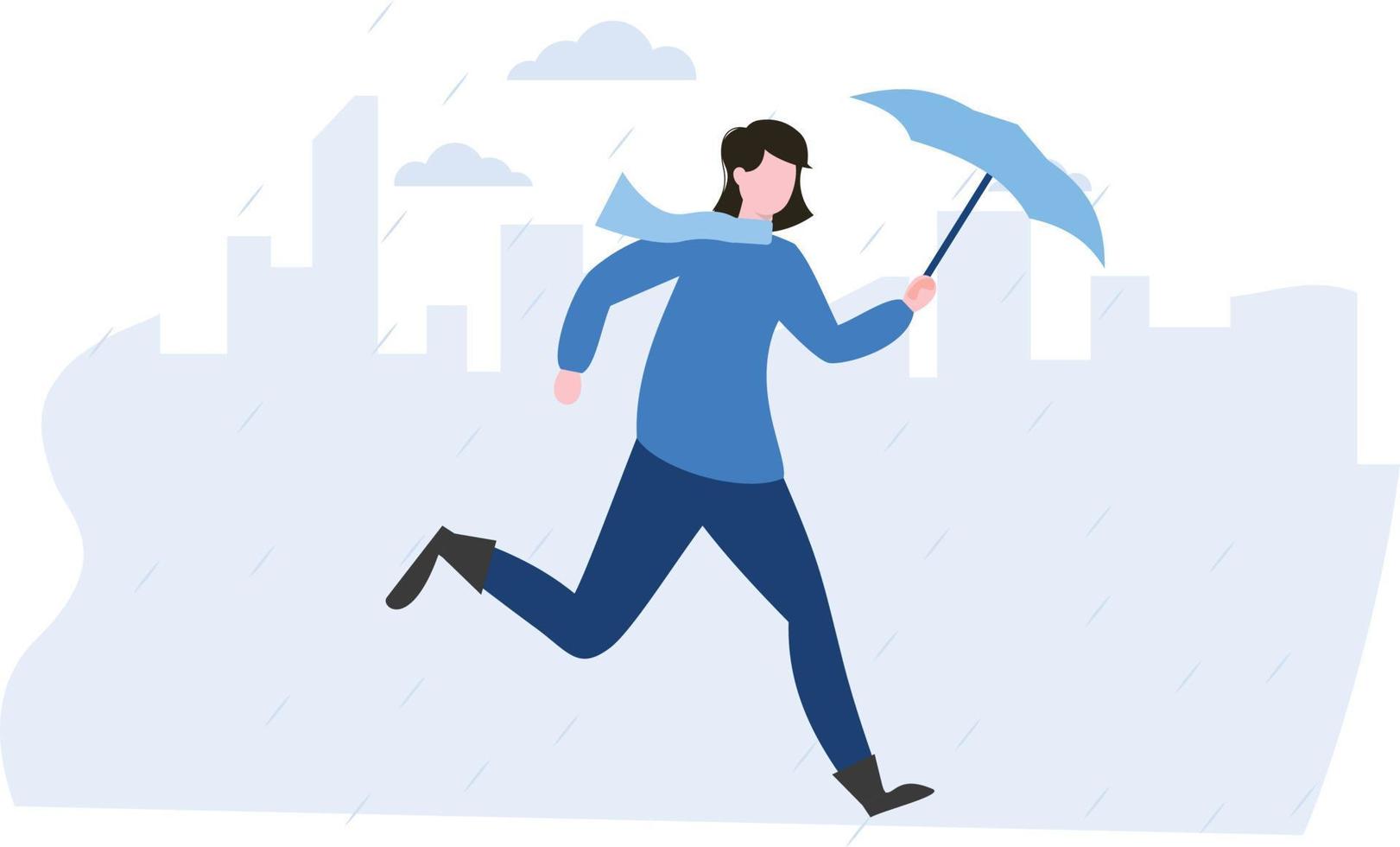 un niño con un paraguas corre por la fuerte lluvia. vector