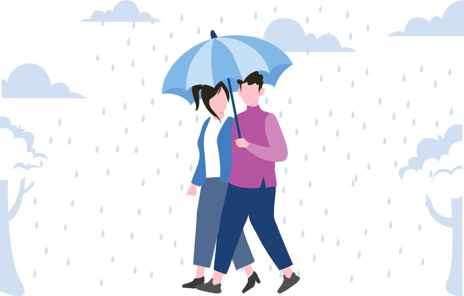 la pareja camina bajo la lluvia con un paraguas. vector