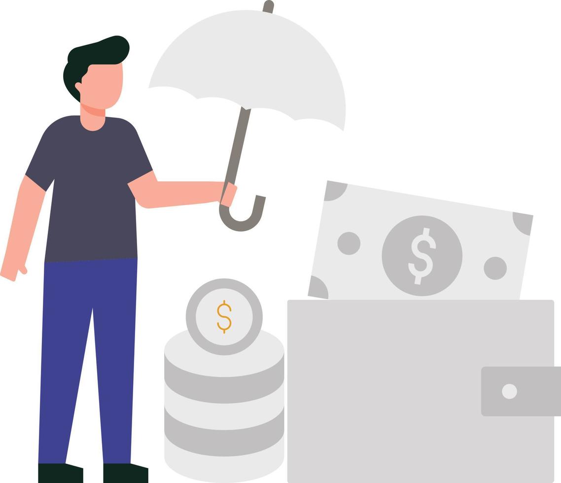 The boy has a money insurance umbrella. vector