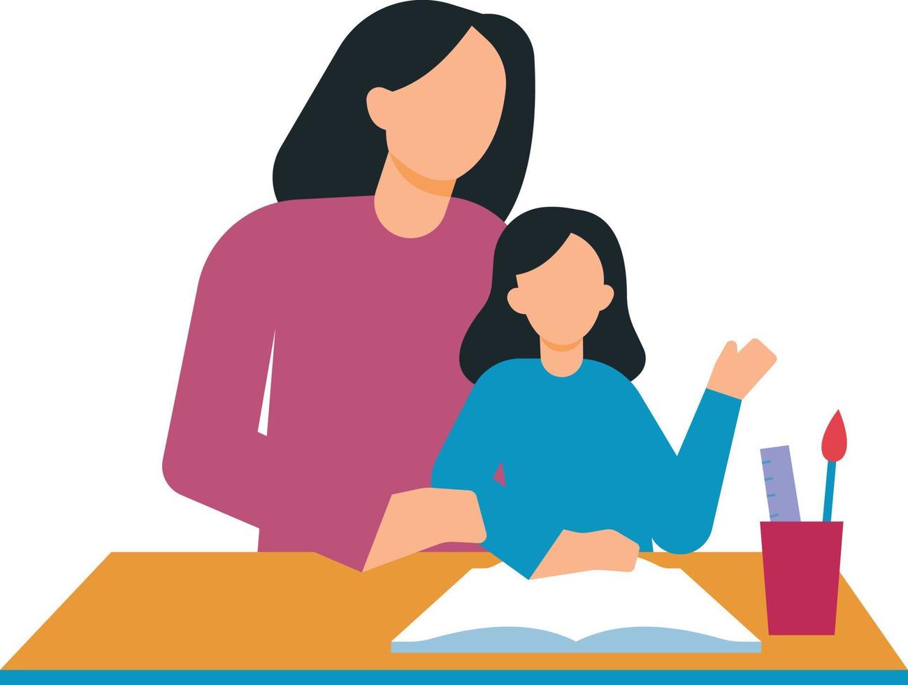 Mother helps her daughter with homework. vector