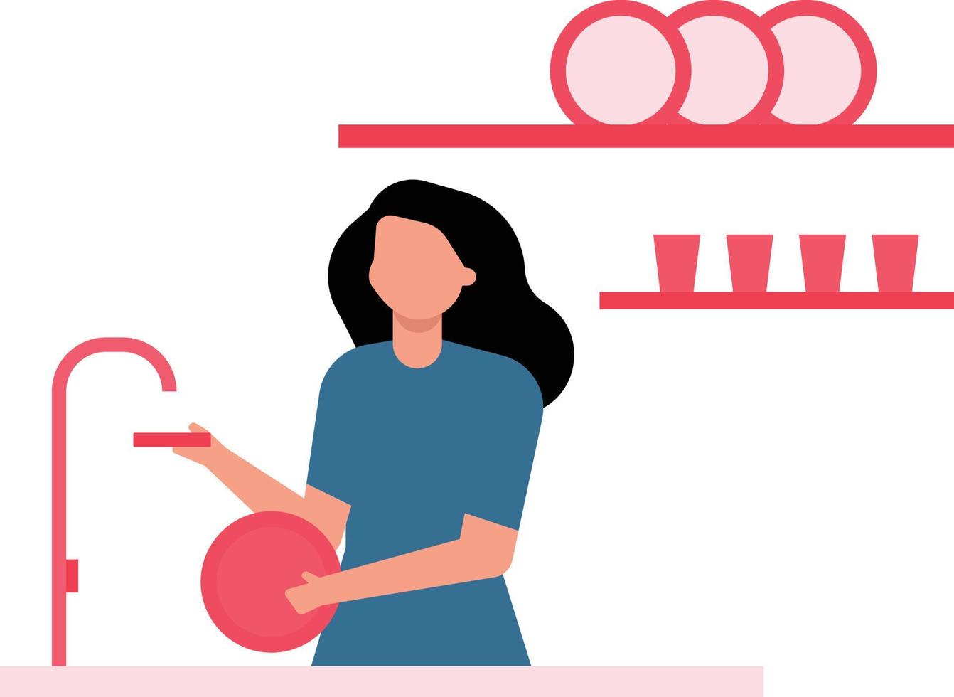 The girl is washing the dishes. vector