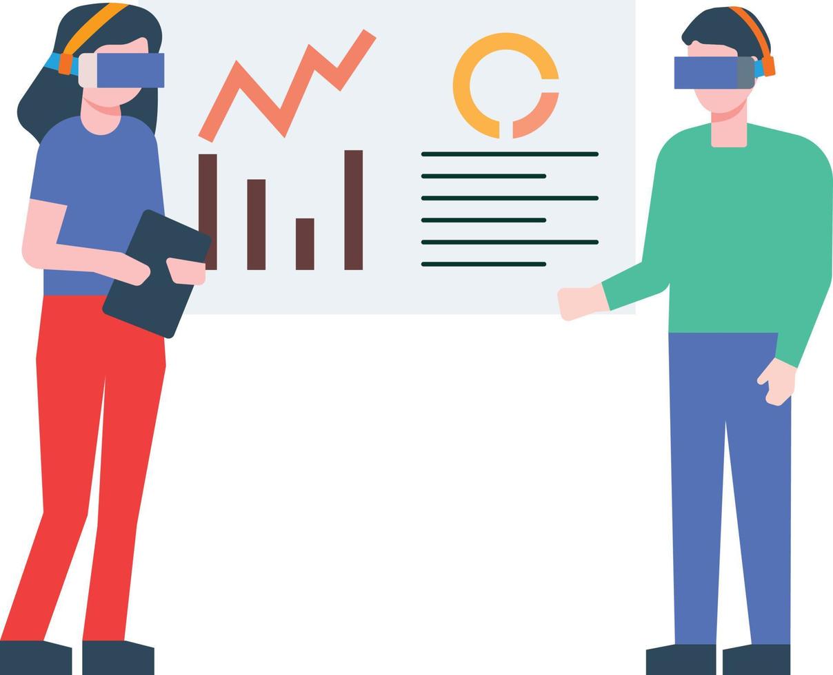 Boy and girl with VR glasses looking at graph chart. vector