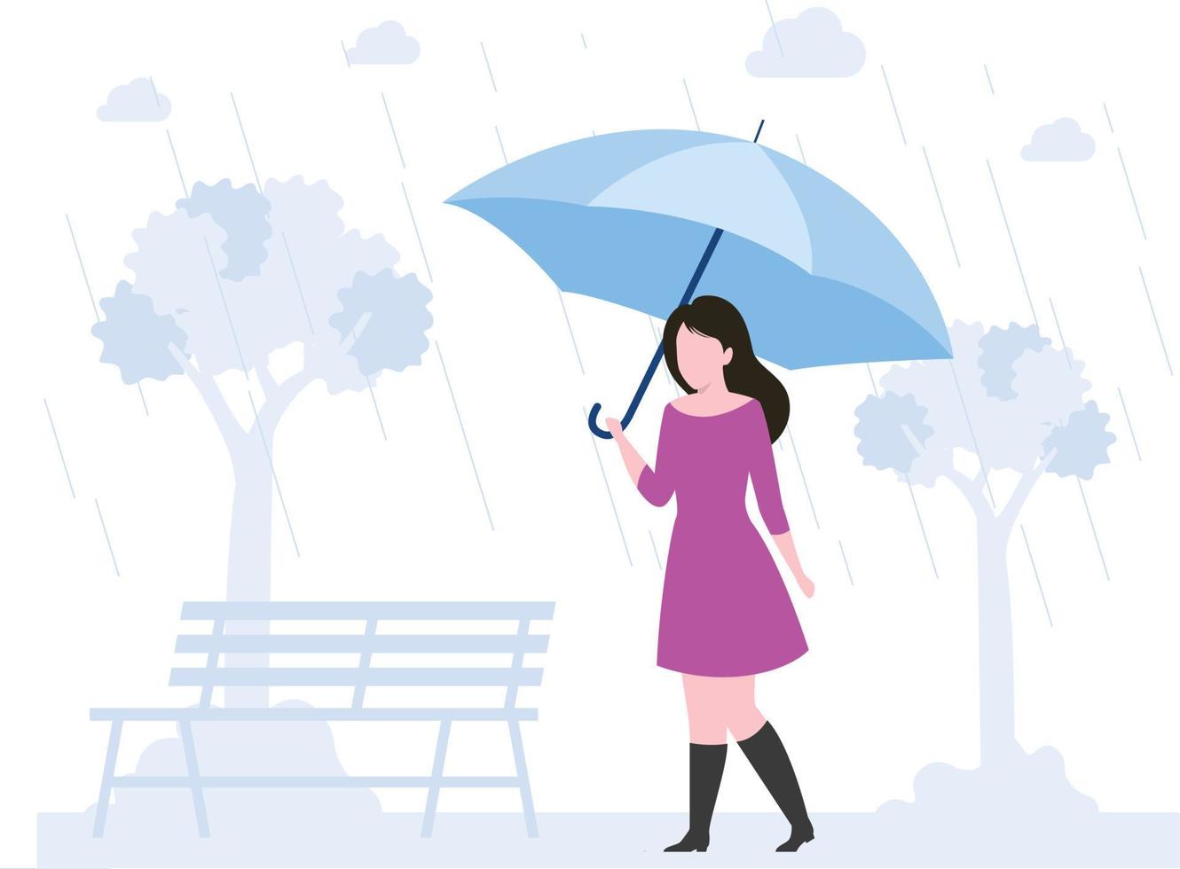 la niña camina bajo la lluvia con un paraguas. vector