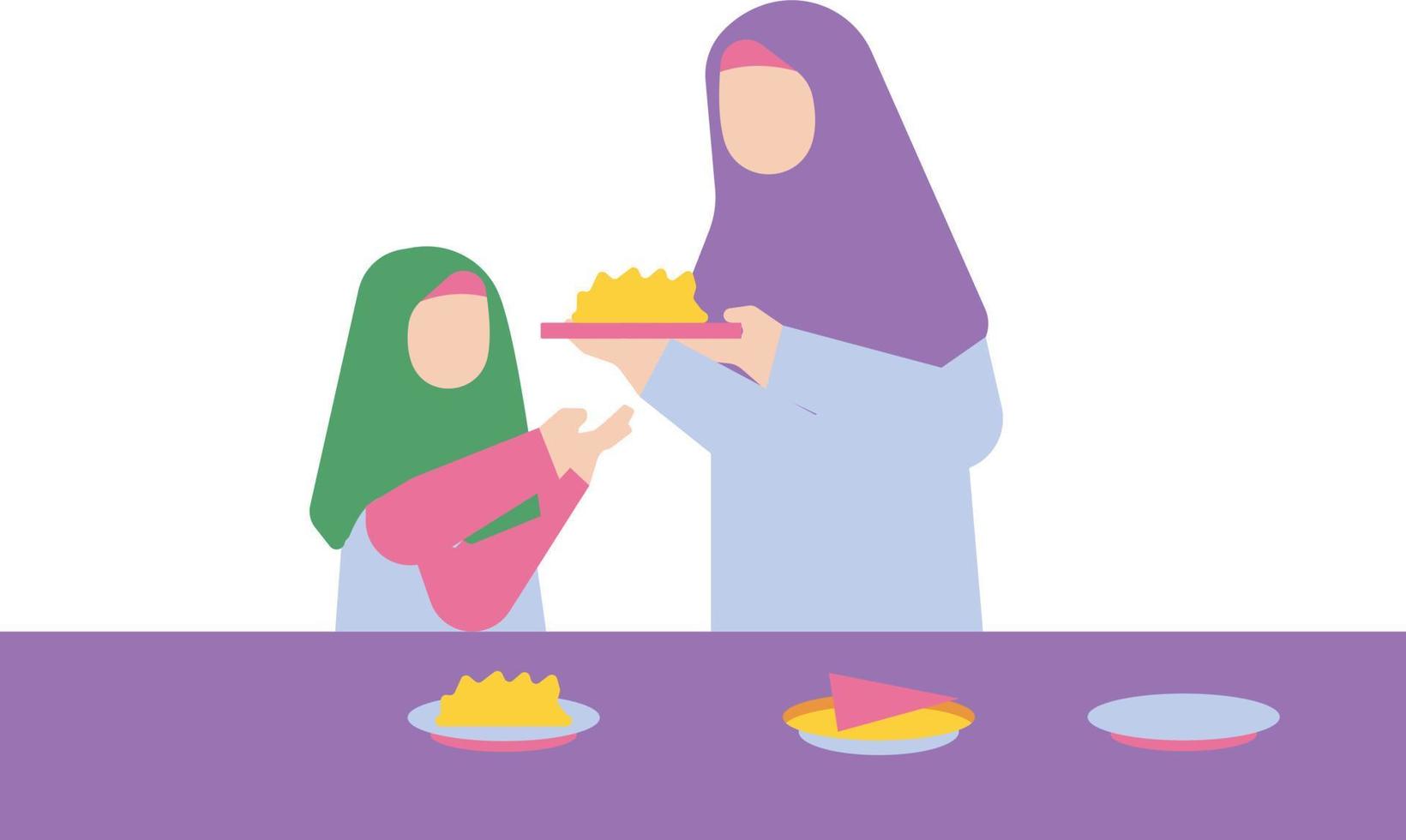 madre e hija están preparando comida iftar. vector