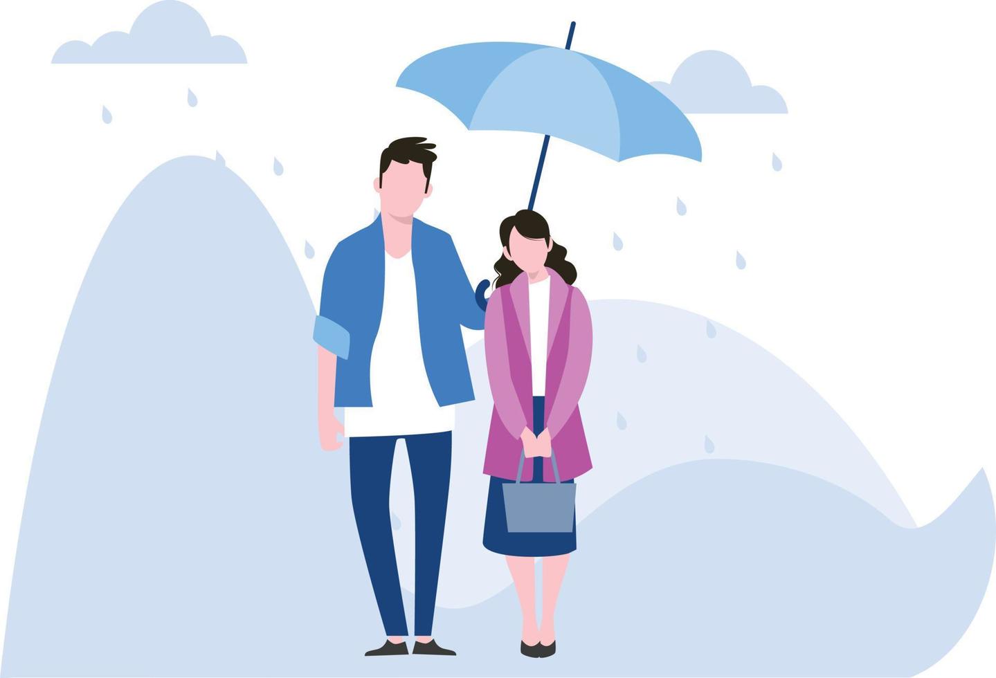 la pareja camina bajo la lluvia con un paraguas. vector