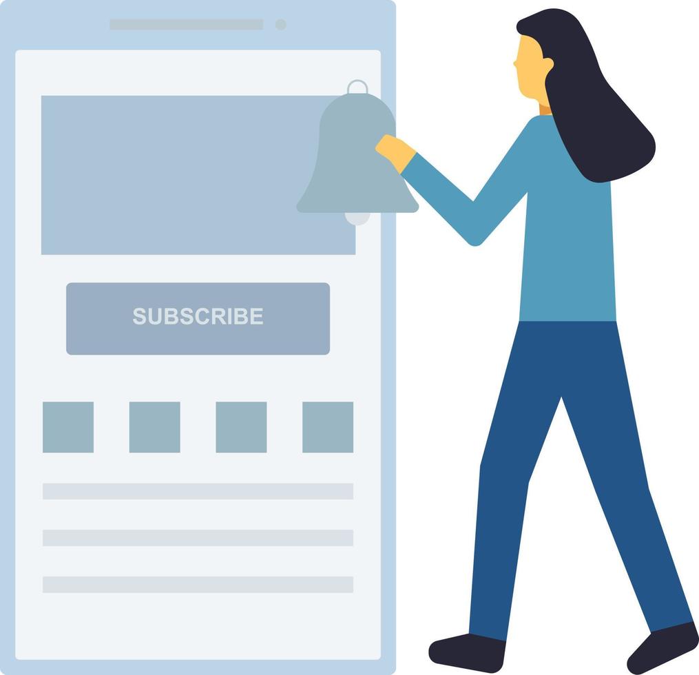 Girl is subscribing and pressing the bell icon. vector