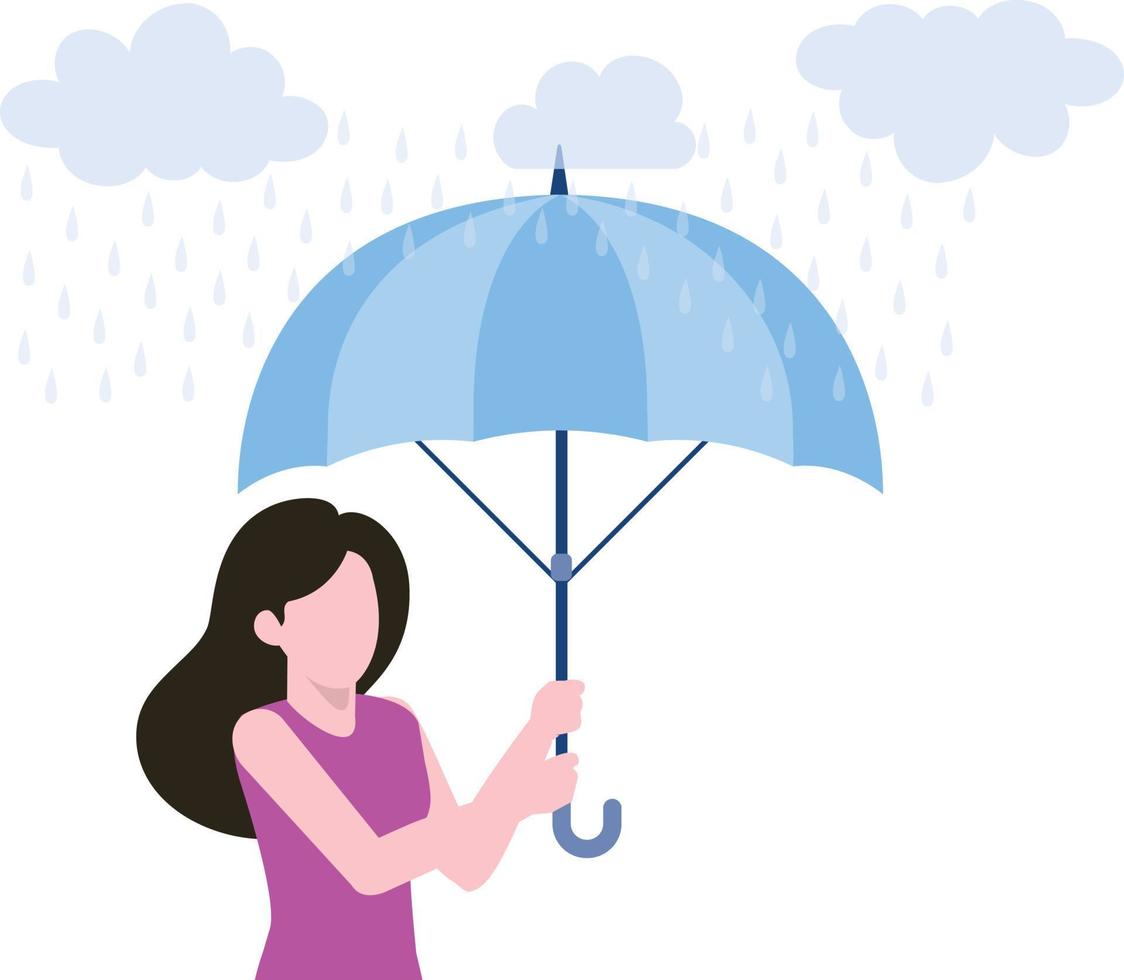 A girl is standing with an umbrella in the rain. vector