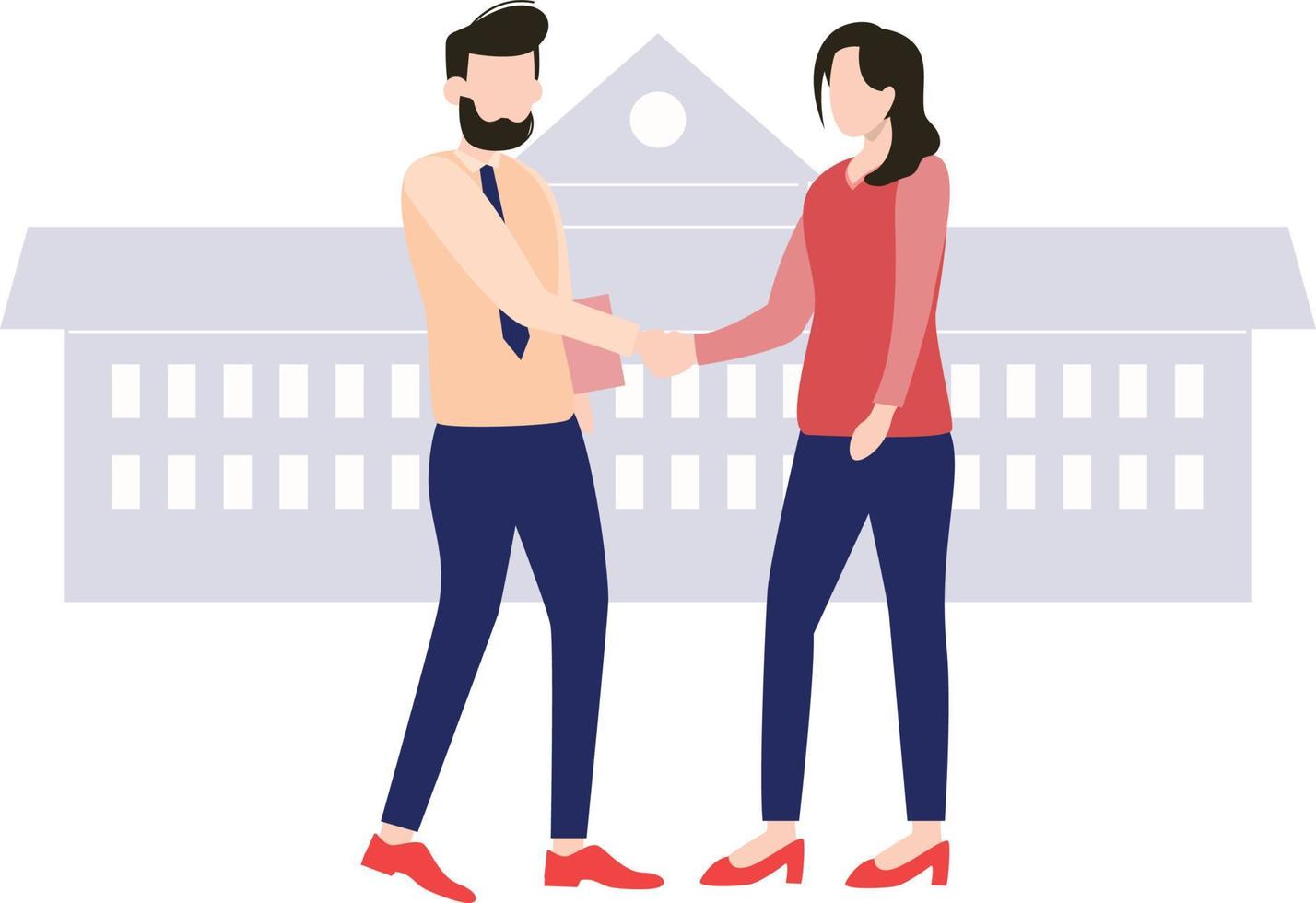 A boy and a girl meet outside a building. vector