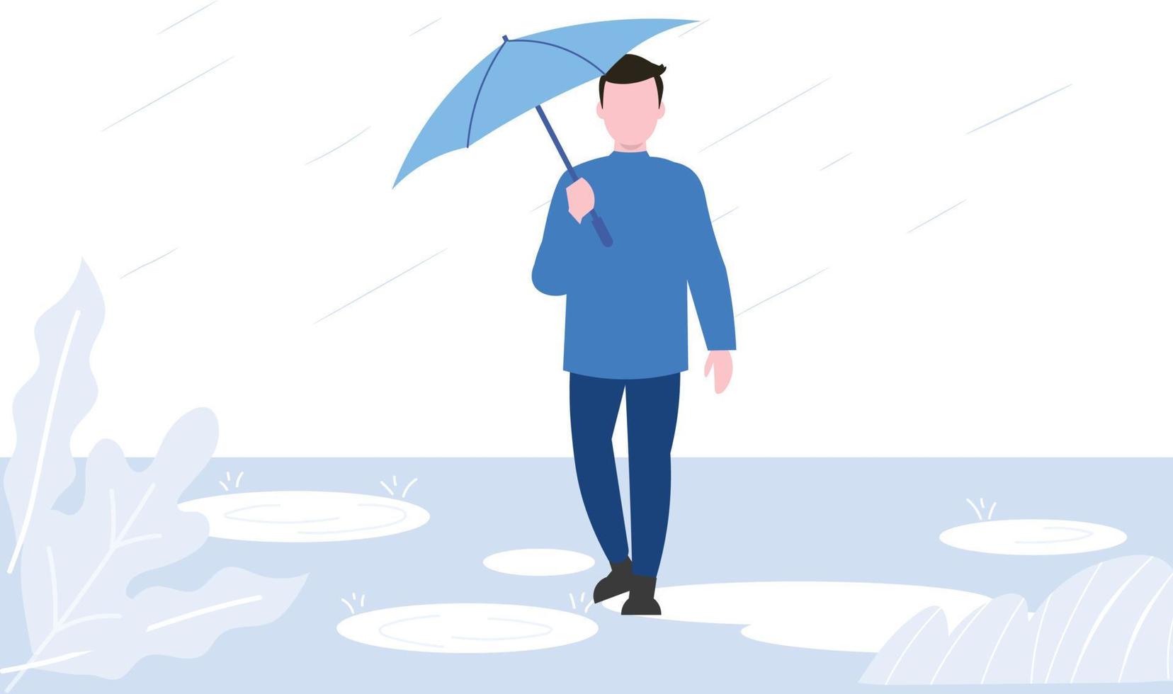 A boy is walking in the rain with an umbrella. vector