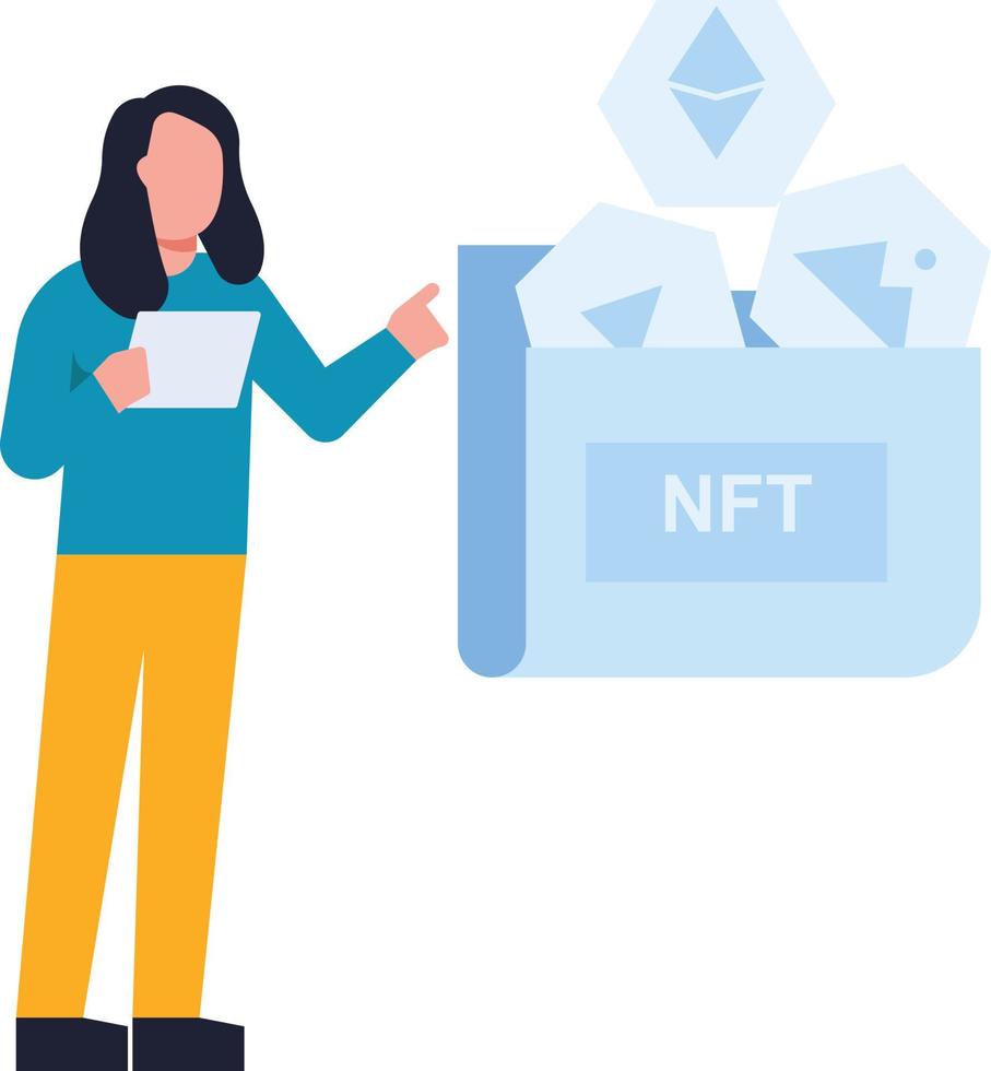 The girl is looking at the NFT folder. vector