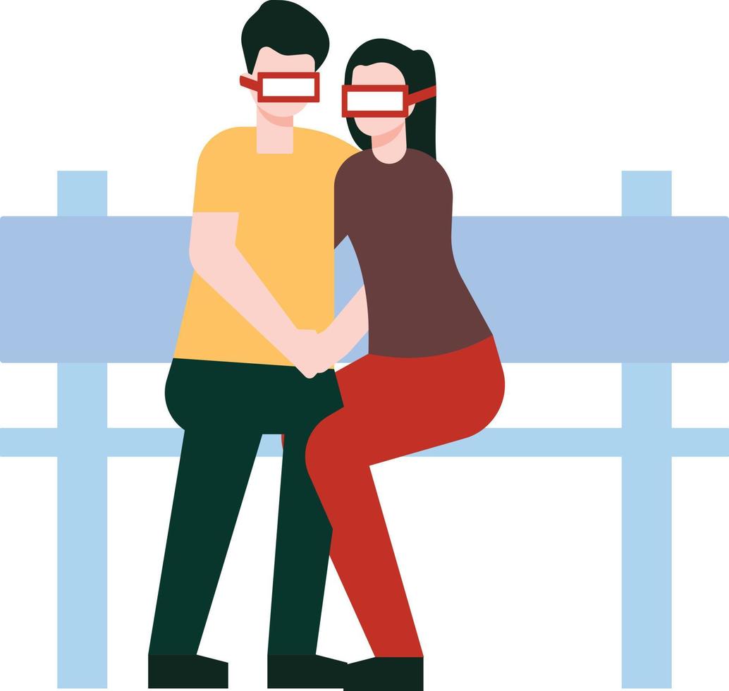 la pareja está sentada en un banco con gafas vr. vector