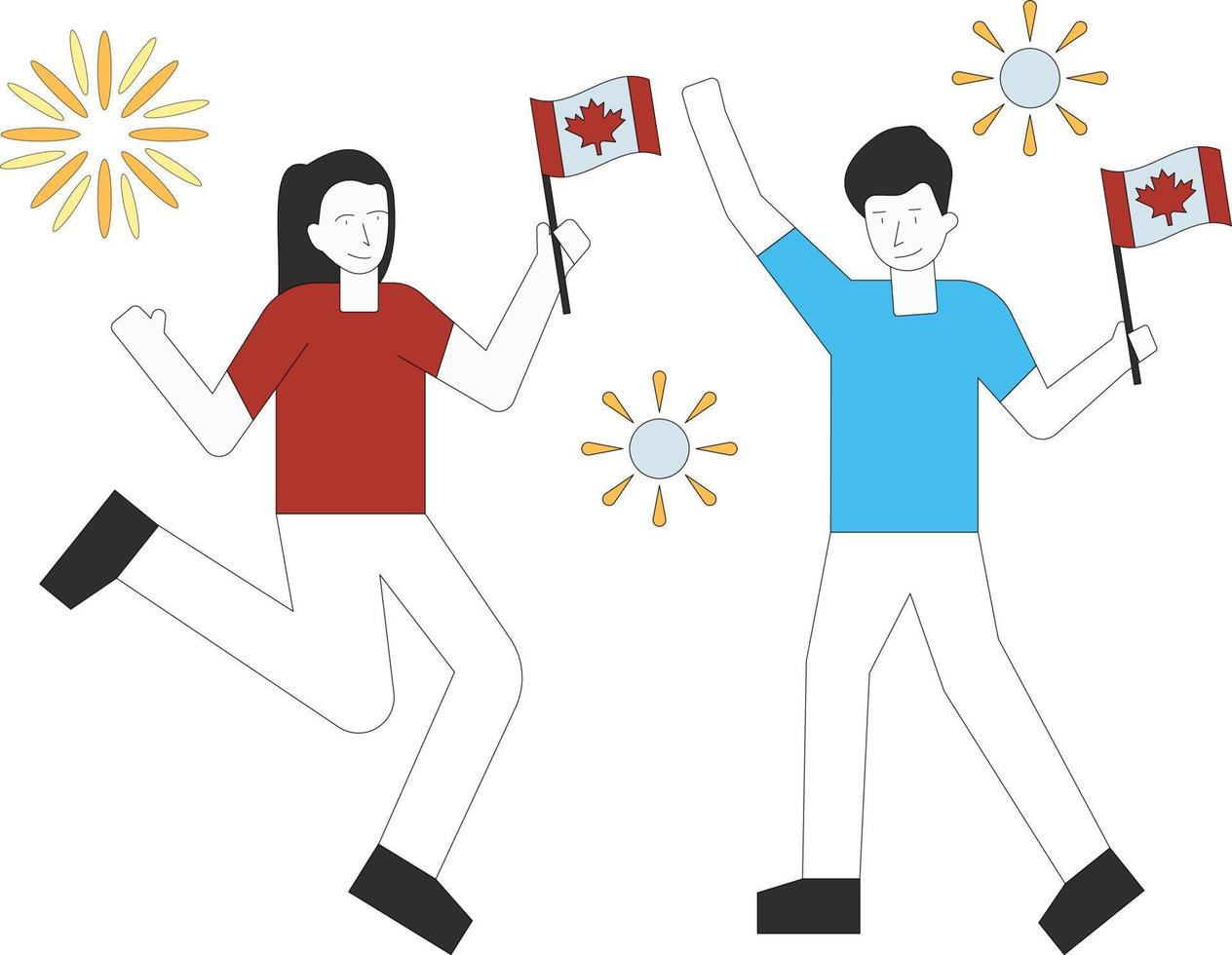 niño y niña celebran el día de canadá con banderas. vector