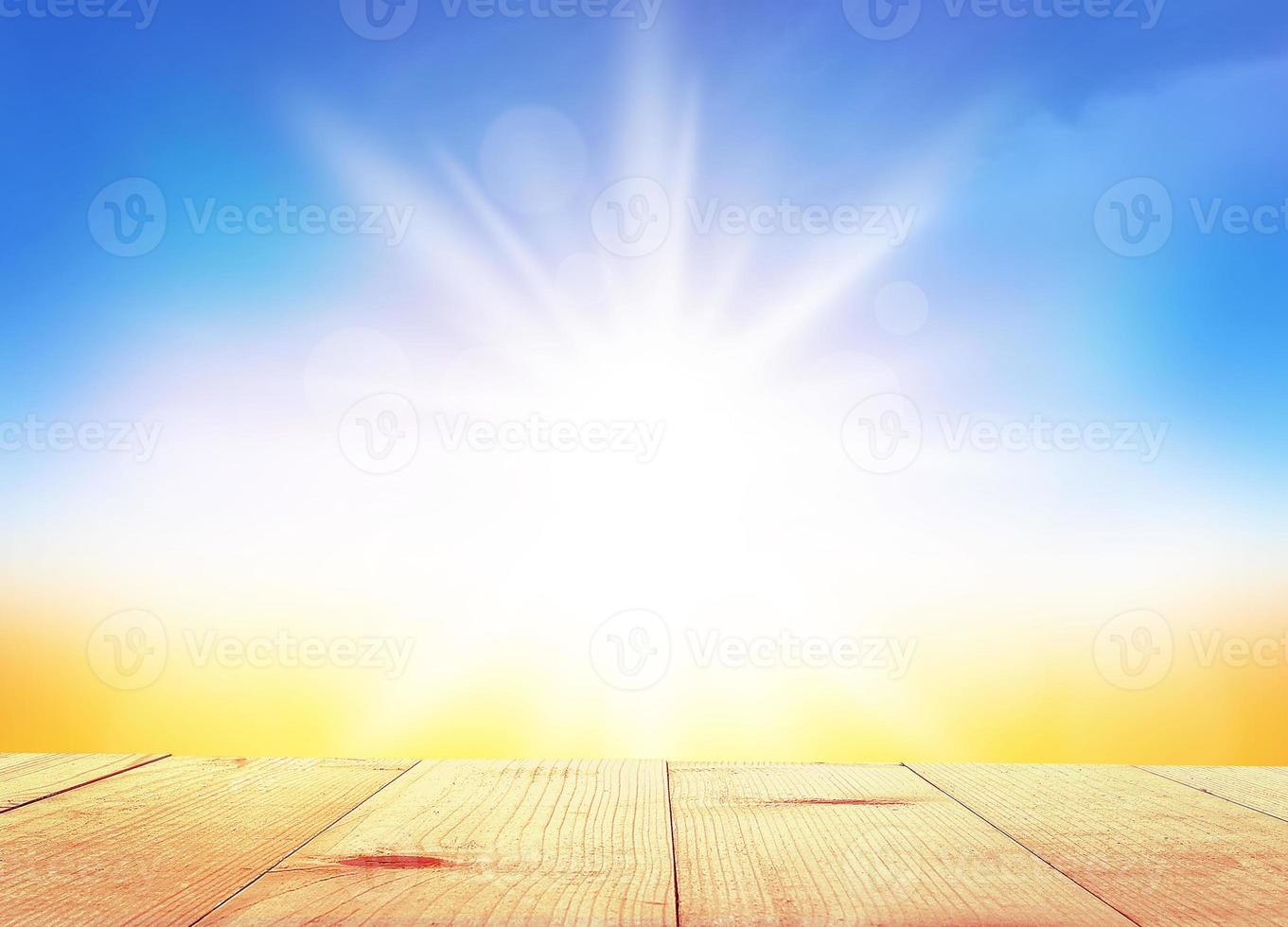 wooden table and blue sky and sun summer nature background photo