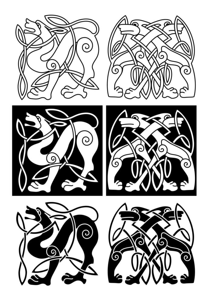 Wolves and dogs in celtic ornament vector