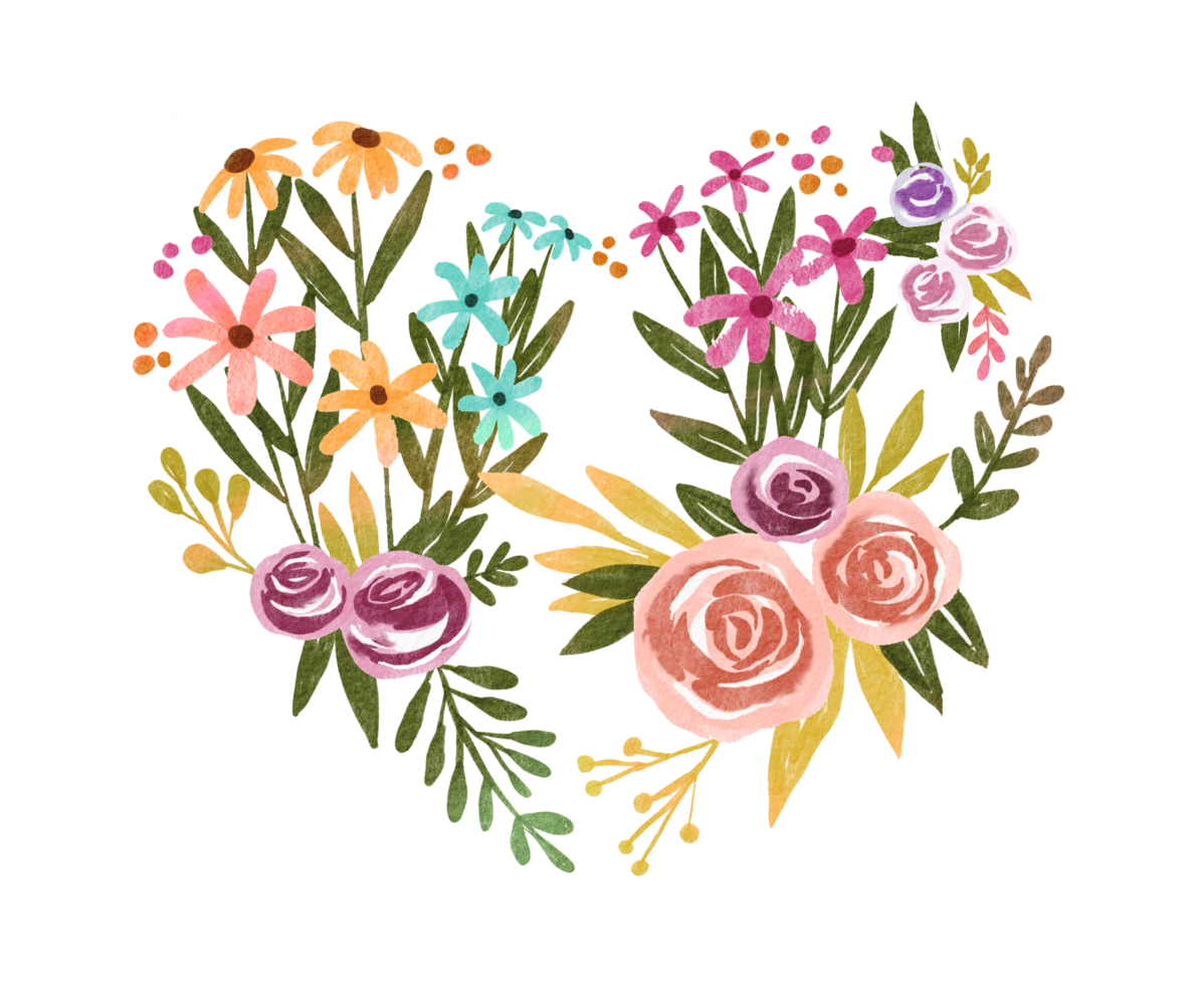 Watercolor Valentines Day floral heart frame with colorful flower png