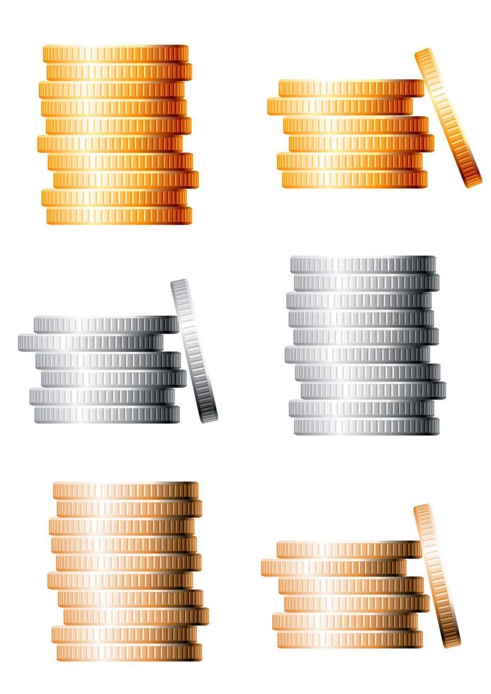Bronze, silver and gold stacks of coins vector