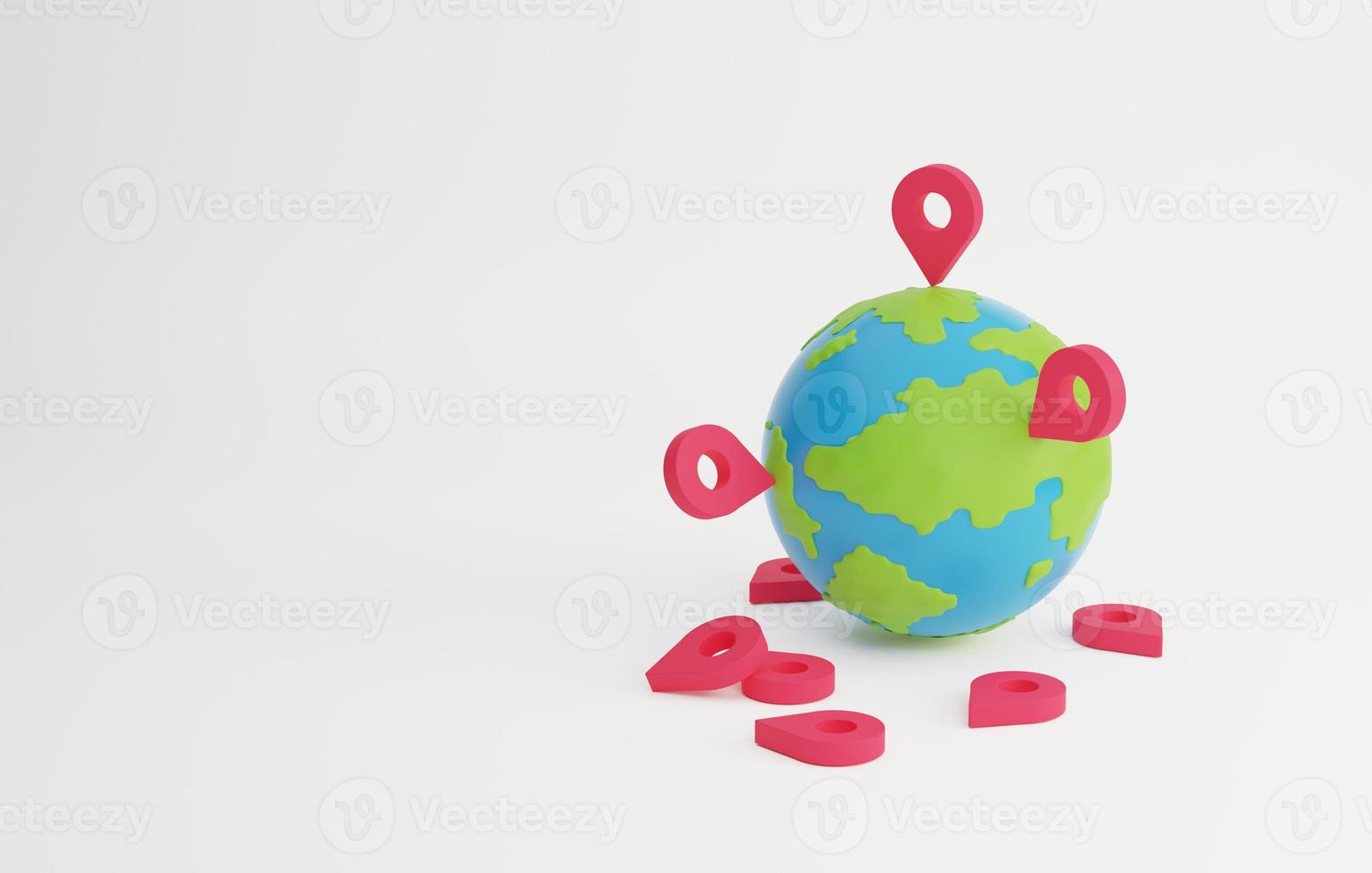 Big red pin on planet earth and clouds on blue background. 3D rendering, 3D illustration photo