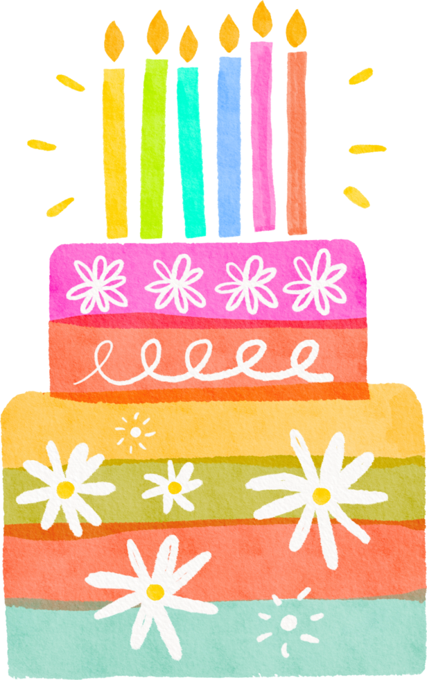 Watercolor colorful bithday cake png