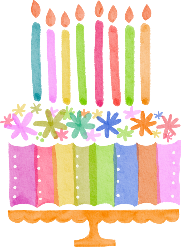 Watercolor colorful bithday cake png