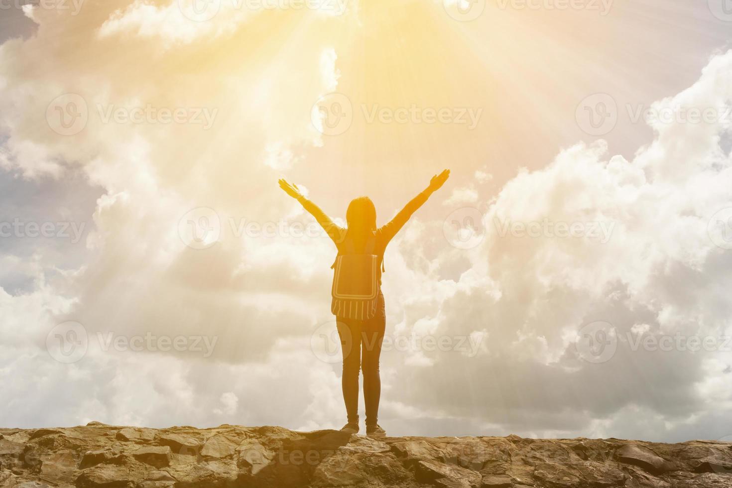 young woman with backpack enjoying tourist traveler photo