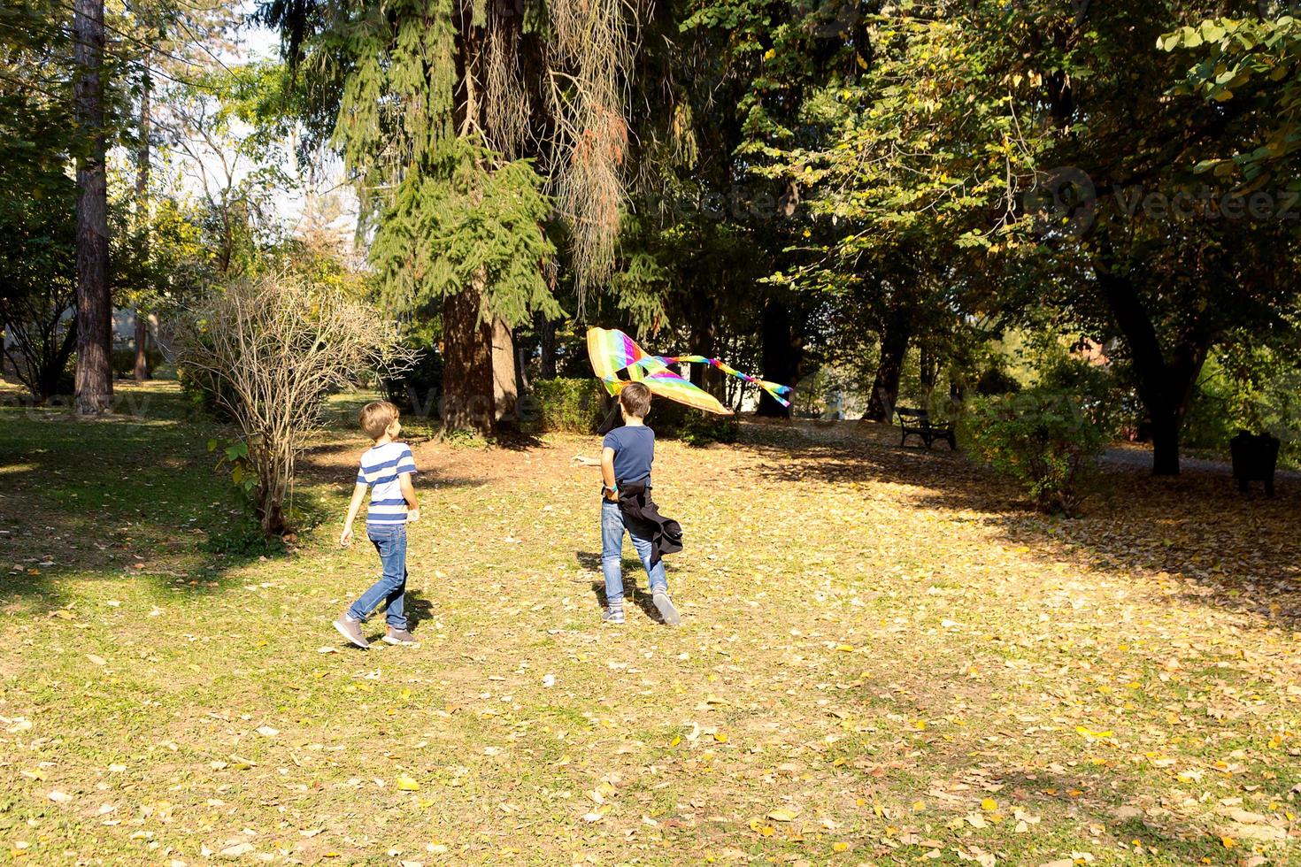 Playful boys flying a kite and having fun in nature. photo