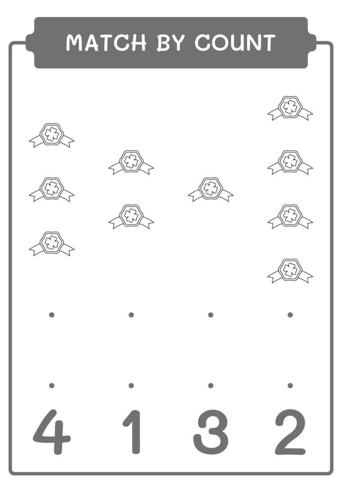 Match by count of Clover badge, game for children. Vector illustration, printable worksheet