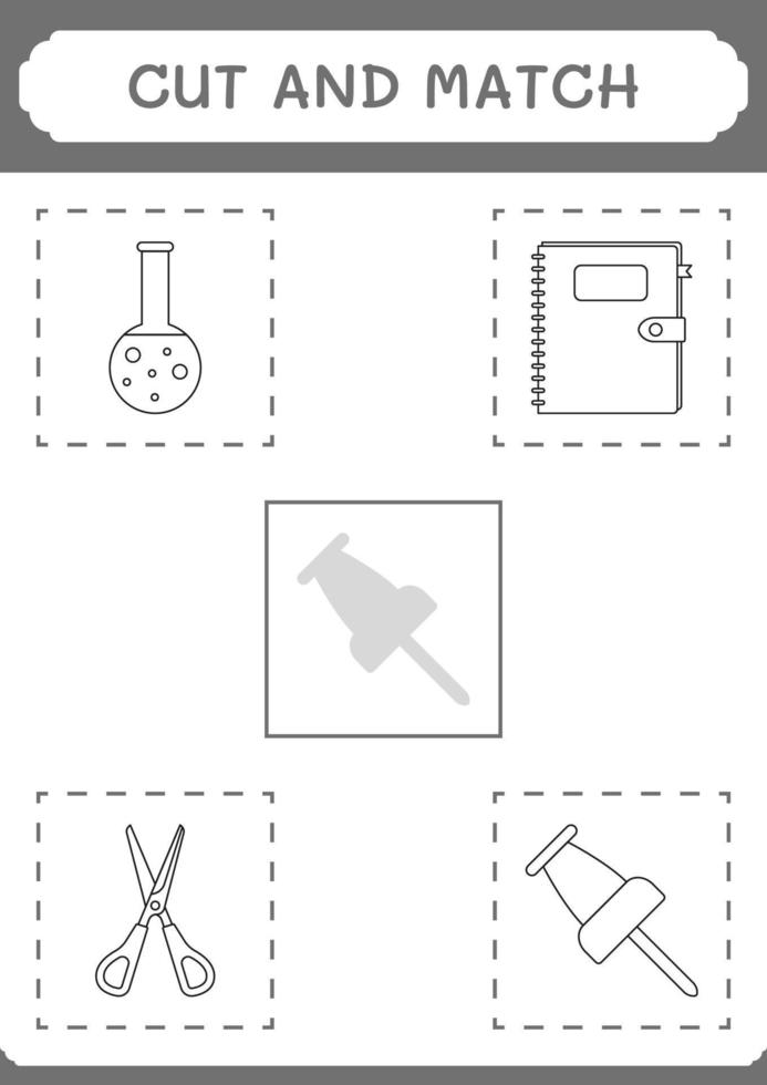 Cut and match parts of Push pin, game for children. Vector illustration, printable worksheet