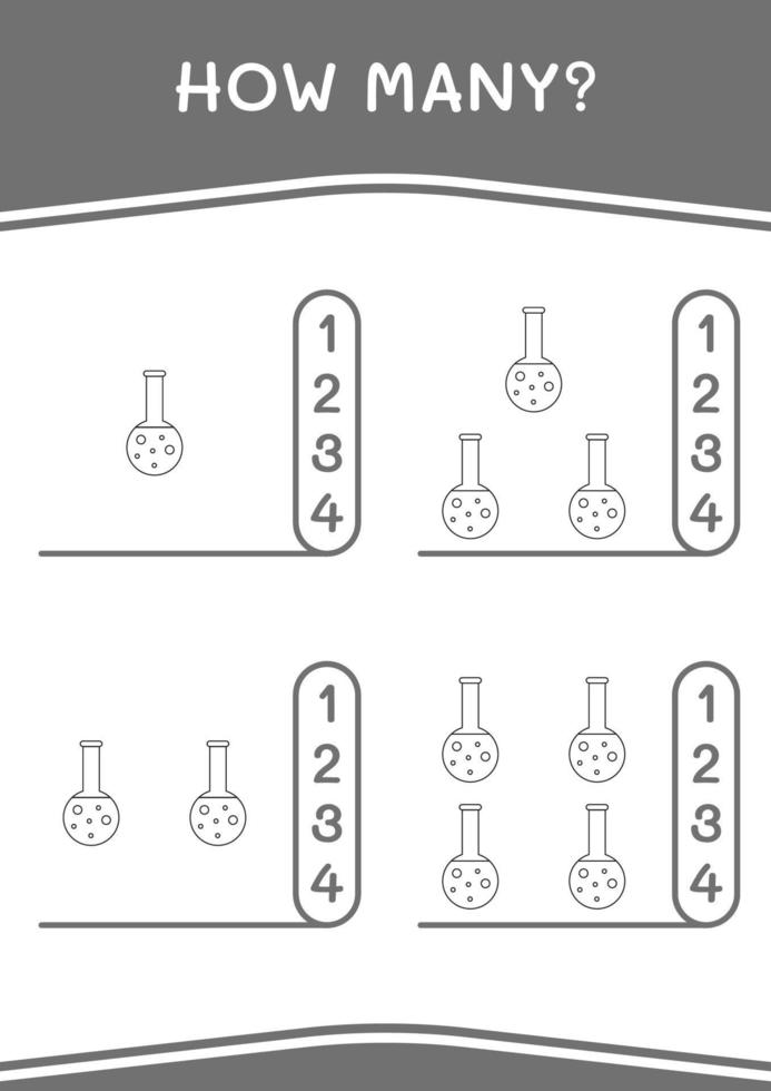 How many of Chemistry flask, game for children. Vector illustration, printable worksheet