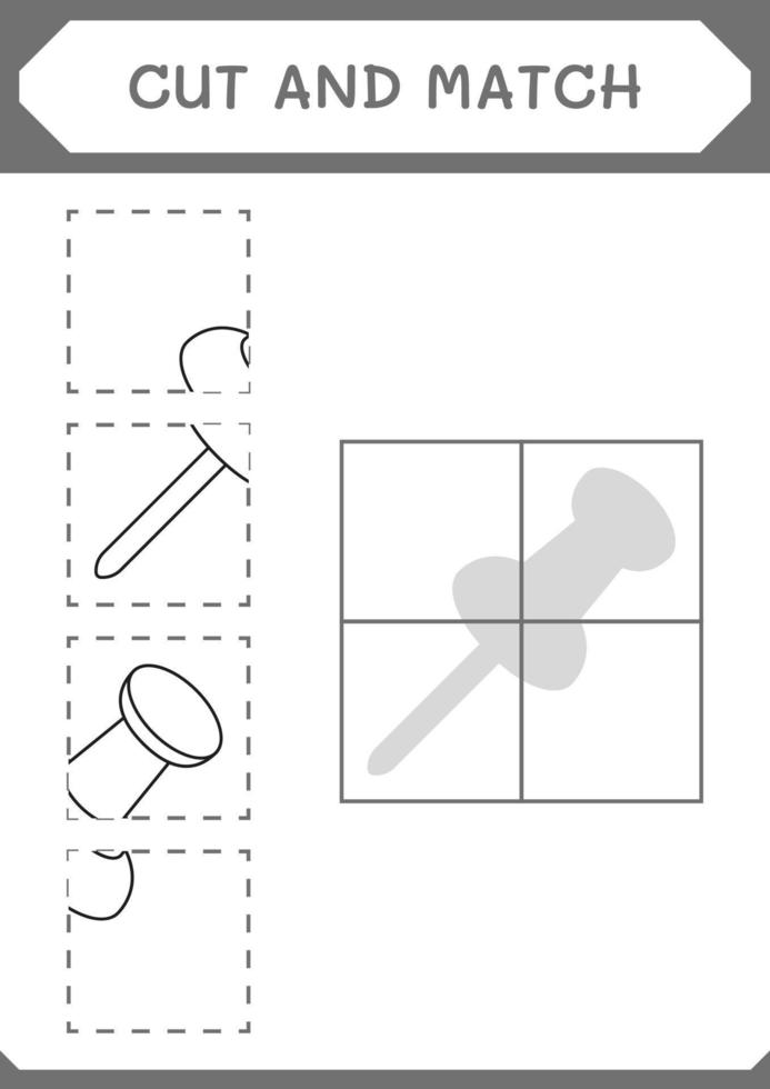 Cut and match parts of Push pin, game for children. Vector illustration, printable worksheet