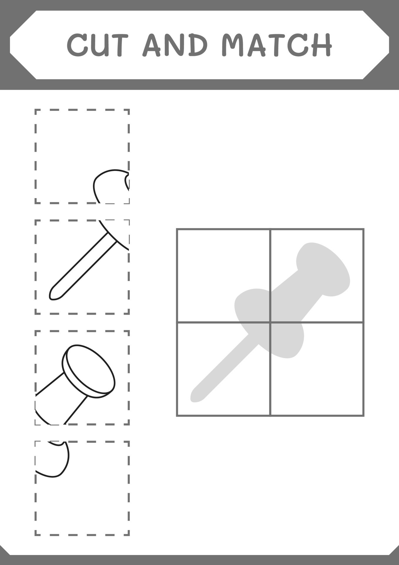 Cut and match parts of Push pin, game for children. Vector illustration