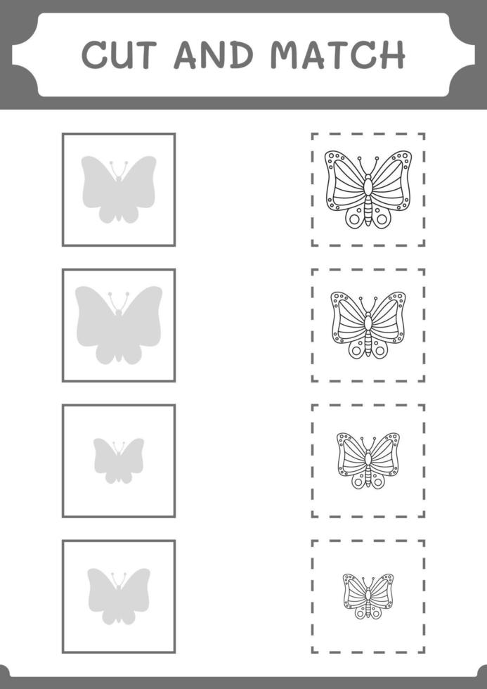 cortar y unir partes de mariposa, juego para niños. ilustración vectorial, hoja de cálculo imprimible vector