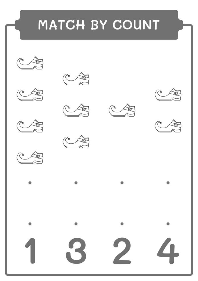 Match by count of Leprechaun boot, game for children. Vector illustration, printable worksheet