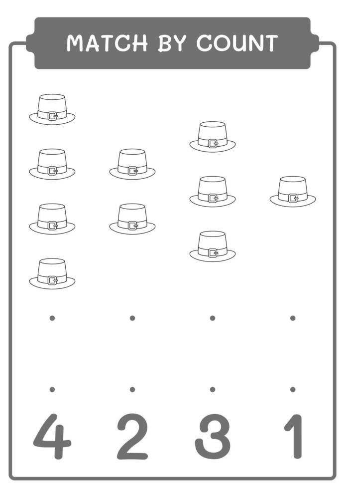 Match by count of St. Patrick's Day hat, game for children. Vector illustration, printable worksheet