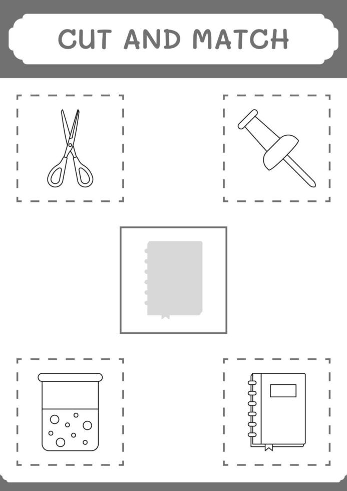Cut and match parts of Notebook, game for children. Vector illustration, printable worksheet