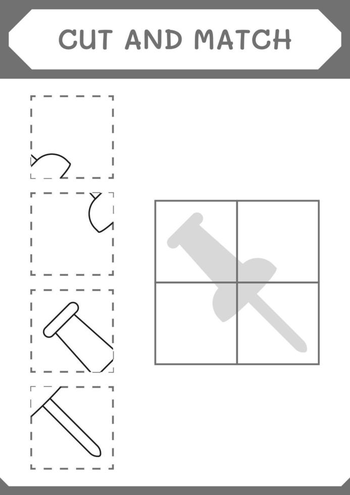 Cut and match parts of Push pin, game for children. Vector illustration, printable worksheet