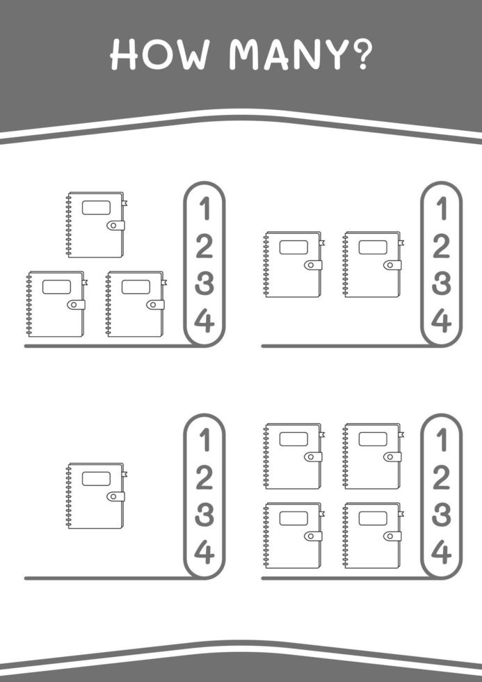How many of Notebook, game for children. Vector illustration, printable worksheet