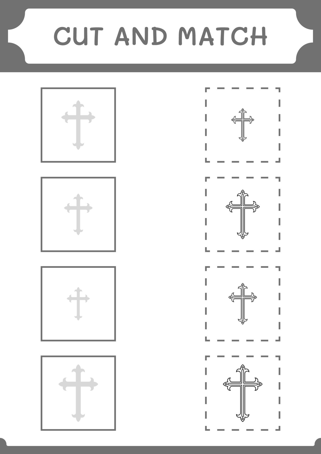Cut and match parts of Christian cross, game for children. Vector