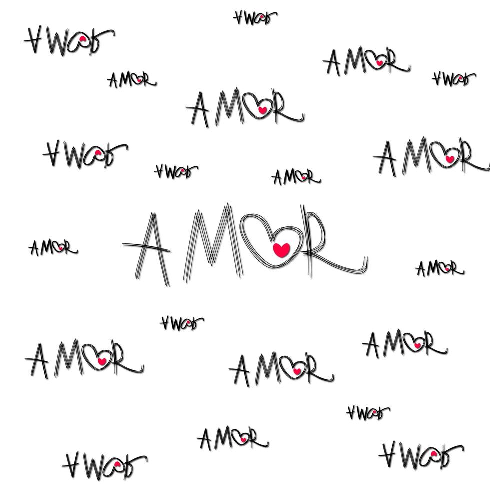 Amor pattern - seamless vector background with hearts and Amor inscription. Black letters on a white background. T-shirt graphics, design, wallpaper, background, gift wrapping, stationery, postcards. photo
