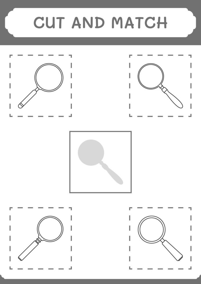 Cut and match parts of Magnifying glass, game for children. Vector illustration, printable worksheet
