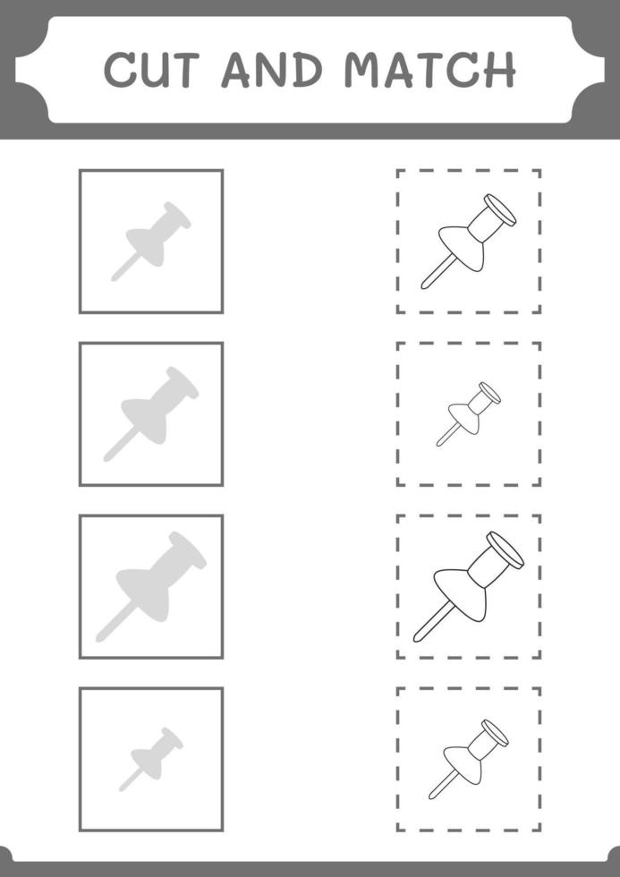 Cut and match parts of Push pin, game for children. Vector illustration, printable worksheet